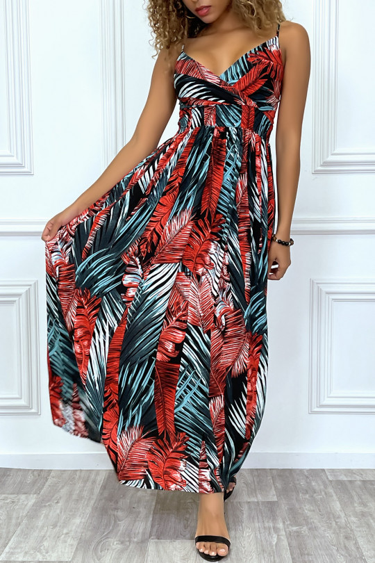 Long black dress crossed at the bust with removable straps with red and green leaf pattern - 6