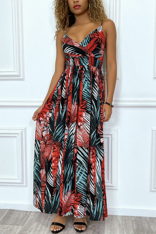 Long black dress crossed at the bust with removable straps with red and green leaf pattern - 7