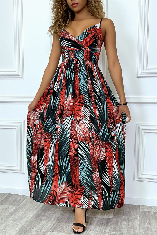 Long black dress crossed at the bust with removable straps with red and green leaf pattern - 10