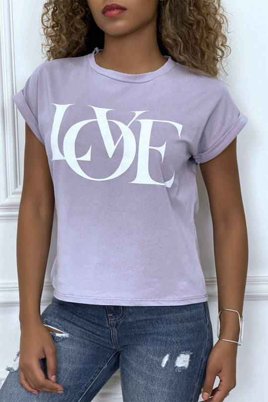 Lilac T-shirt with cuffed sleeves with LOVE writing - 1