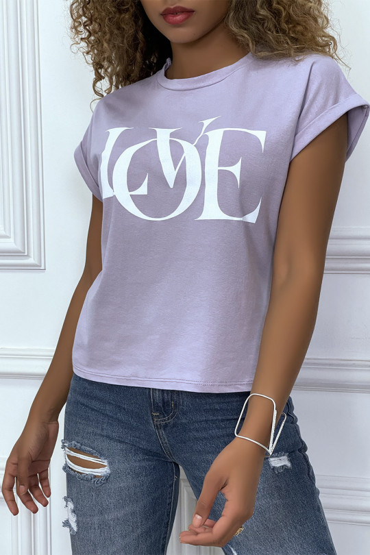 T-shirt lilas manches revers avec écriture LOVE - 2