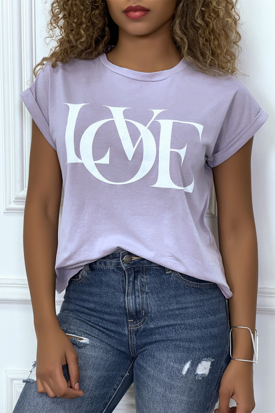 Lilac T-shirt with cuffed sleeves with LOVE writing - 3