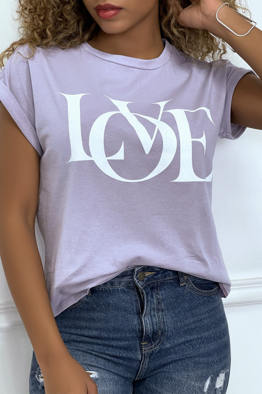 Lilac T-shirt with cuffed sleeves with LOVE writing - 4