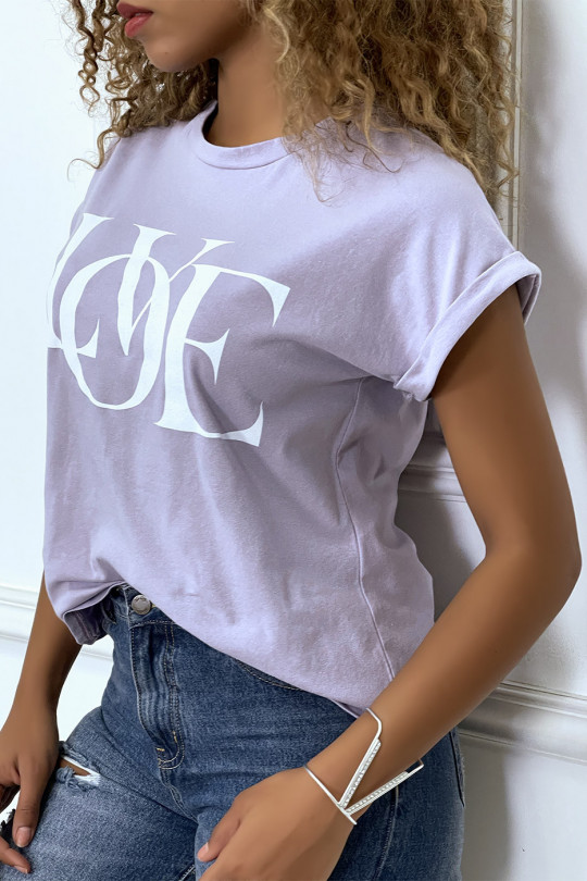 Lilac T-shirt with cuffed sleeves with LOVE writing - 5