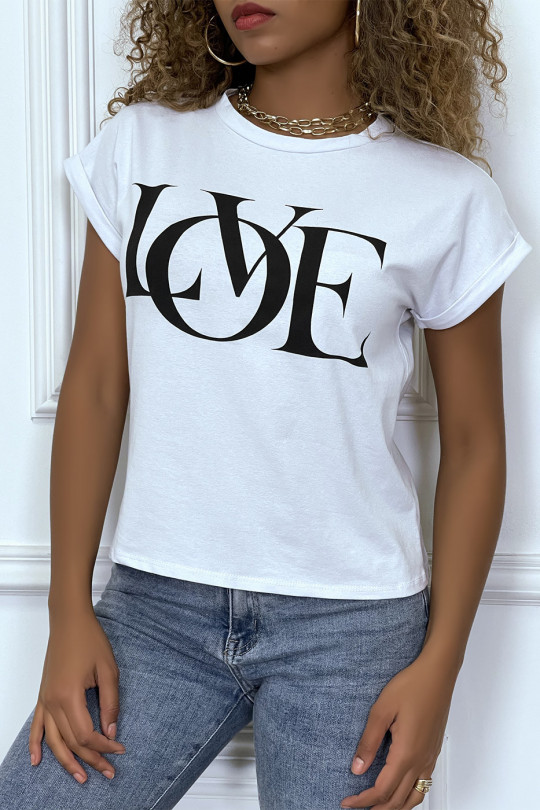 T-shirt blanc manches revers avec écriture LOVE - 1
