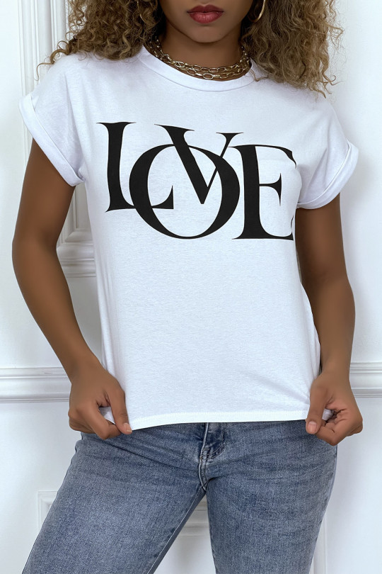 T-shirt blanc manches revers avec écriture LOVE - 2
