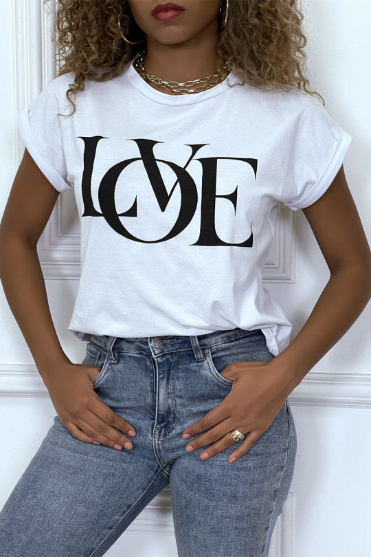 T-shirt blanc manches revers avec écriture LOVE - 3
