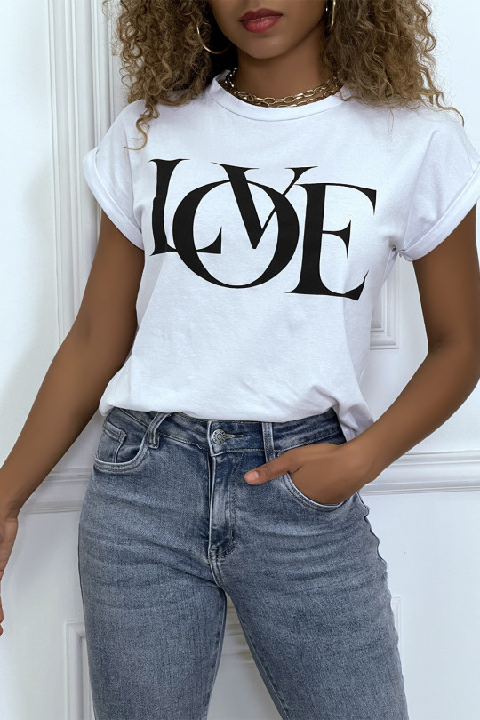 T-shirt blanc manches revers avec écriture LOVE - 4