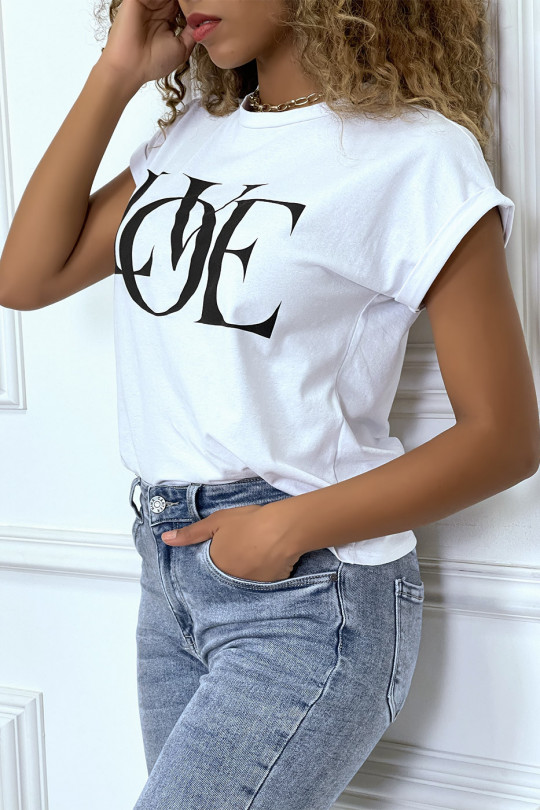 T-shirt blanc manches revers avec écriture LOVE - 5