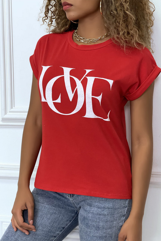 T-shirt rouge manches revers avec écriture LOVE - 1