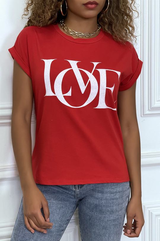 T-shirt rouge manches revers avec écriture LOVE - 2