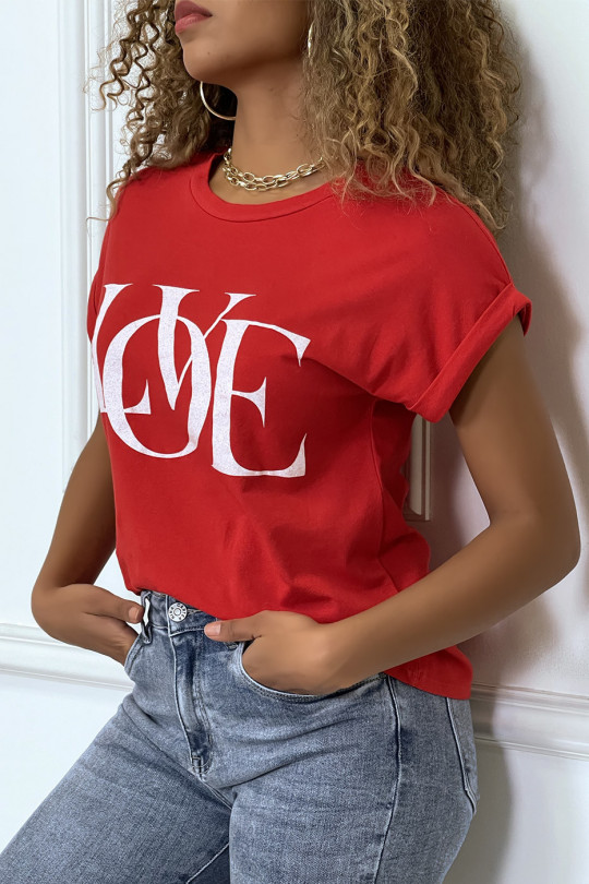 T-shirt rouge manches revers avec écriture LOVE - 4