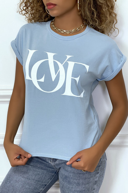 T-shirt turquoise manches revers avec écriture LOVE - 1