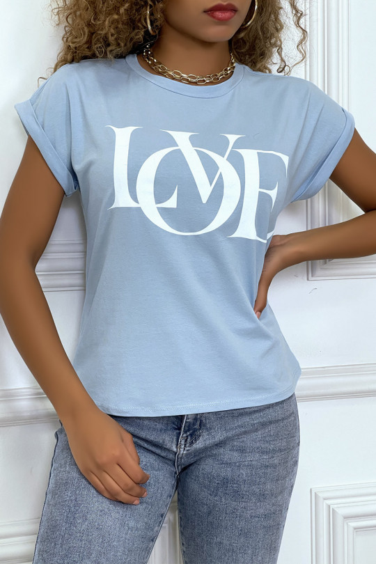 T-shirt turquoise manches revers avec écriture LOVE - 2