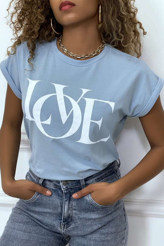 T-shirt turquoise manches revers avec écriture LOVE - 3