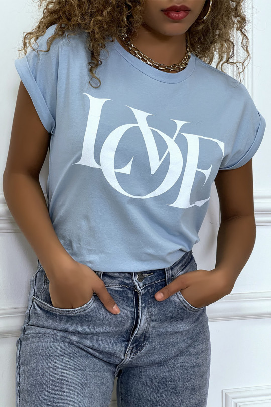 T-shirt turquoise manches revers avec écriture LOVE - 4