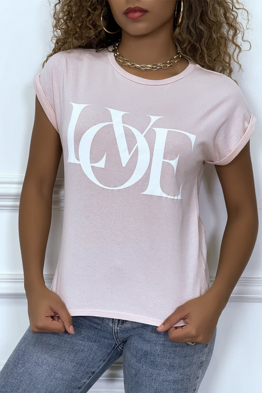 T-shirt rose manches revers avec écriture LOVE - 1