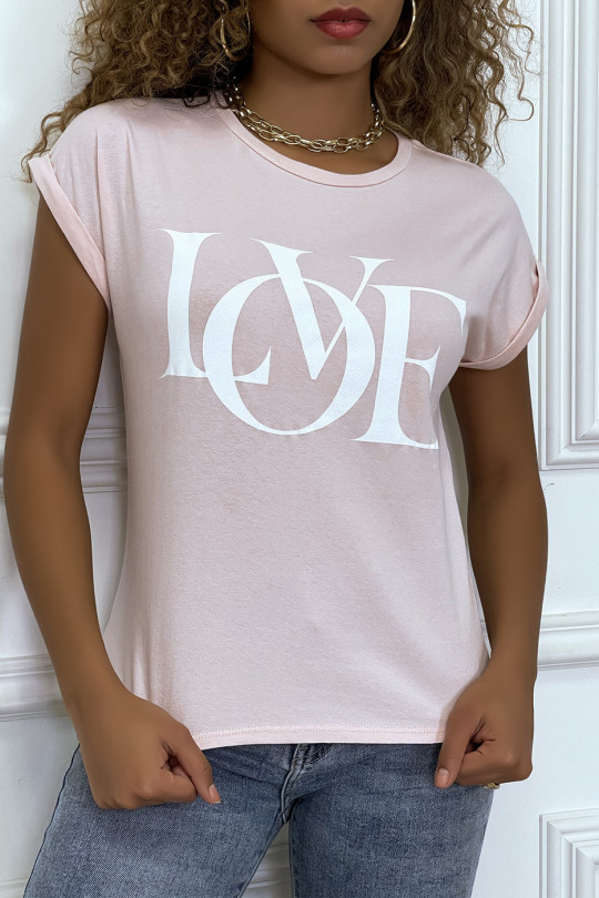 T-shirt rose manches revers avec écriture LOVE - 2