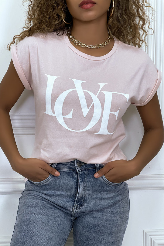T-shirt rose manches revers avec écriture LOVE - 3