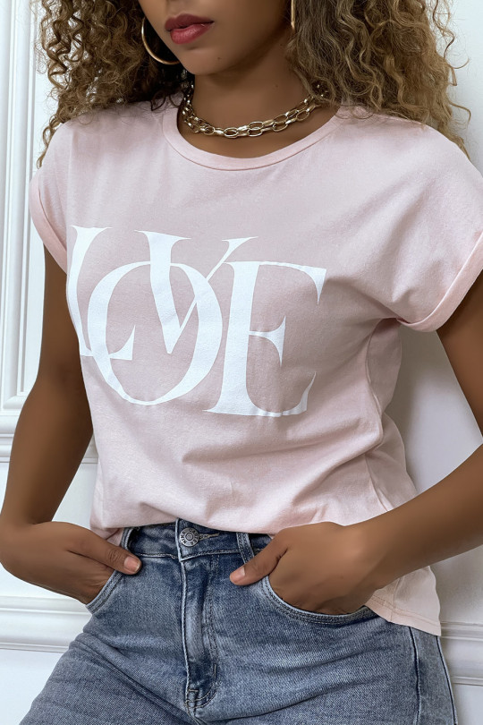 T-shirt rose manches revers avec écriture LOVE - 4