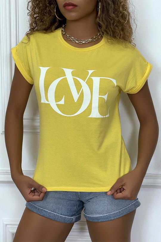 Yellow t-shirt with cuffed sleeves with LOVE writing - 1