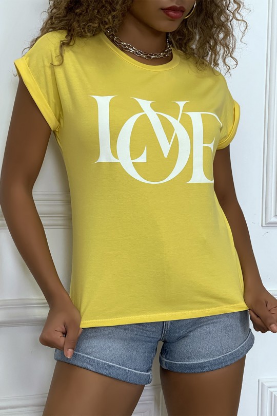 Yellow t-shirt with cuffed sleeves with LOVE writing - 2