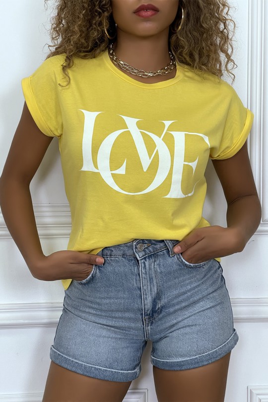 T-shirt jaune manches revers avec écriture LOVE - 3