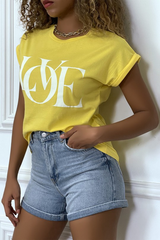 Yellow t-shirt with cuffed sleeves with LOVE writing - 4