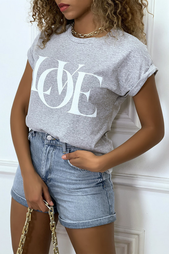T-shirt gris manches revers avec écriture LOVE - 4