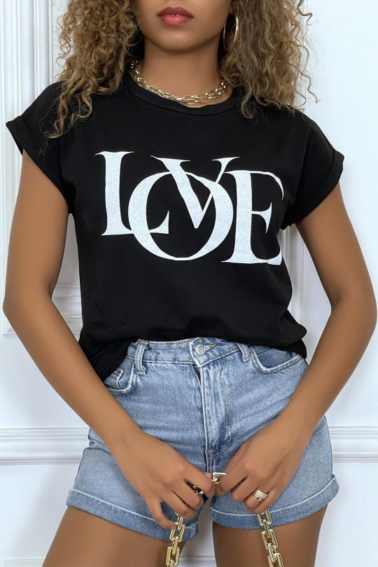T-shirt noir manches revers avec écriture LOVE - 1