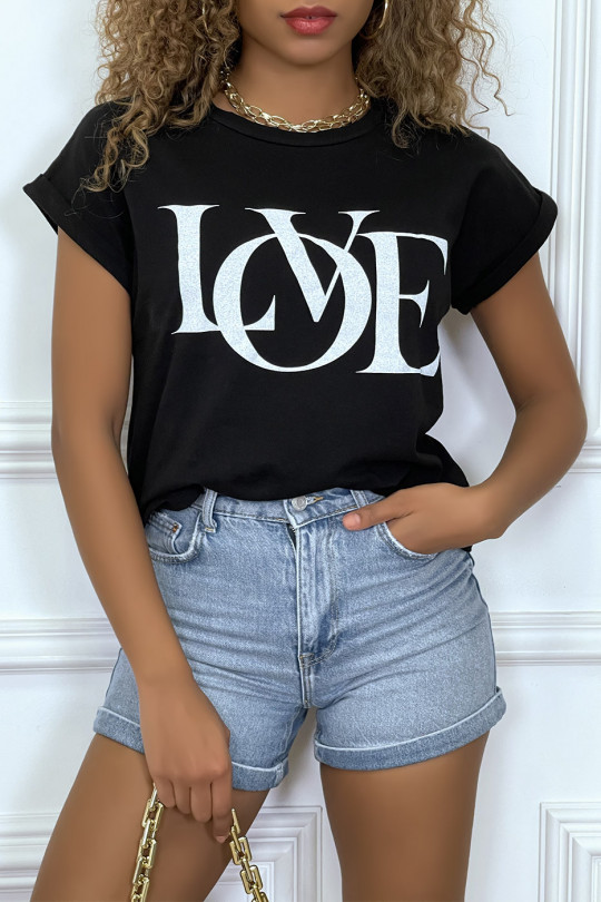 T-shirt noir manches revers avec écriture LOVE - 2