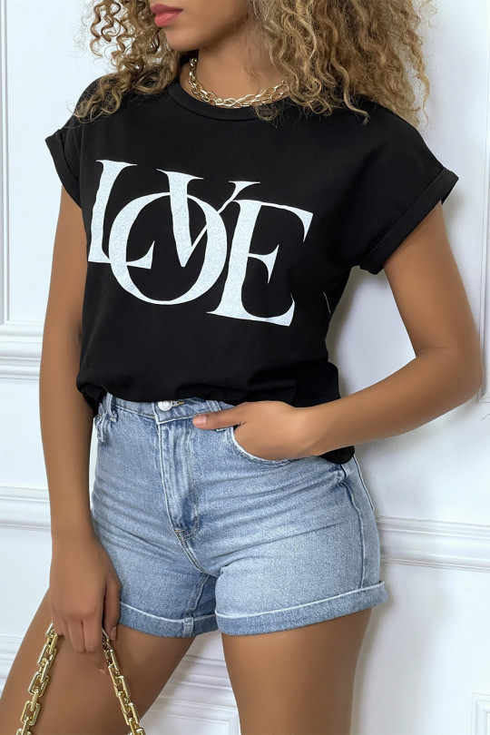 T-shirt noir manches revers avec écriture LOVE - 3