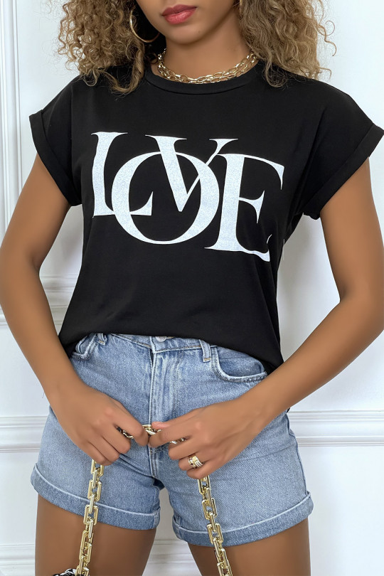 T-shirt noir manches revers avec écriture LOVE - 4