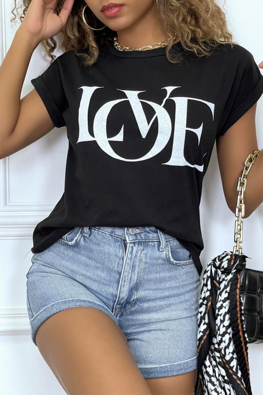 T-shirt noir manches revers avec écriture LOVE - 6