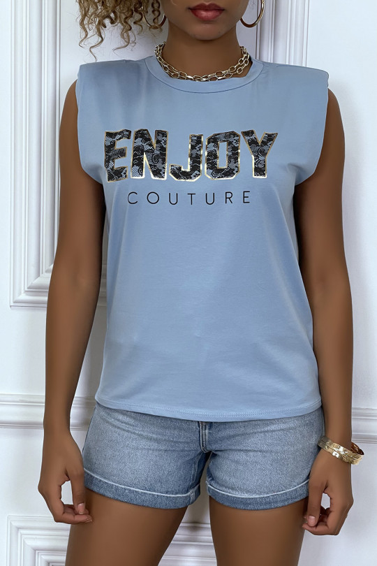 Tee-shirt turquoise à épaulettes avec écriture ENJOY - 1