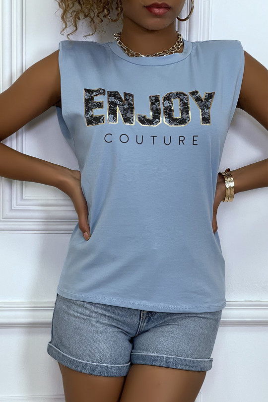 Tee-shirt turquoise à épaulettes avec écriture ENJOY - 2