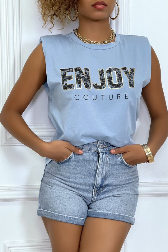 Tee-shirt turquoise à épaulettes avec écriture ENJOY - 6