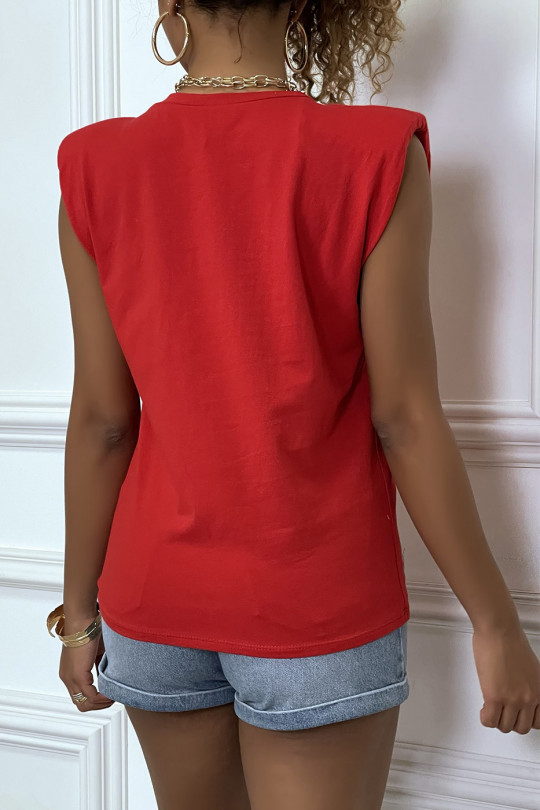 Tee-shirt rouge à épaulettes avec écriture ENJOY - 5