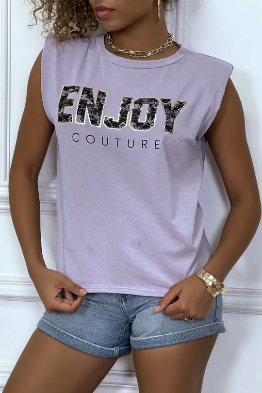 Tee-shirt lila à épaulettes avec écriture ENJOY - 1