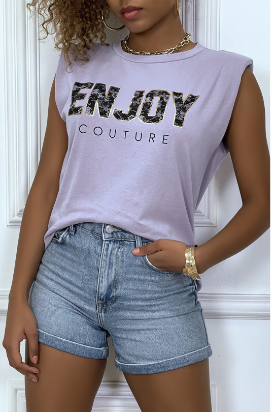 Tee-shirt lila à épaulettes avec écriture ENJOY - 5