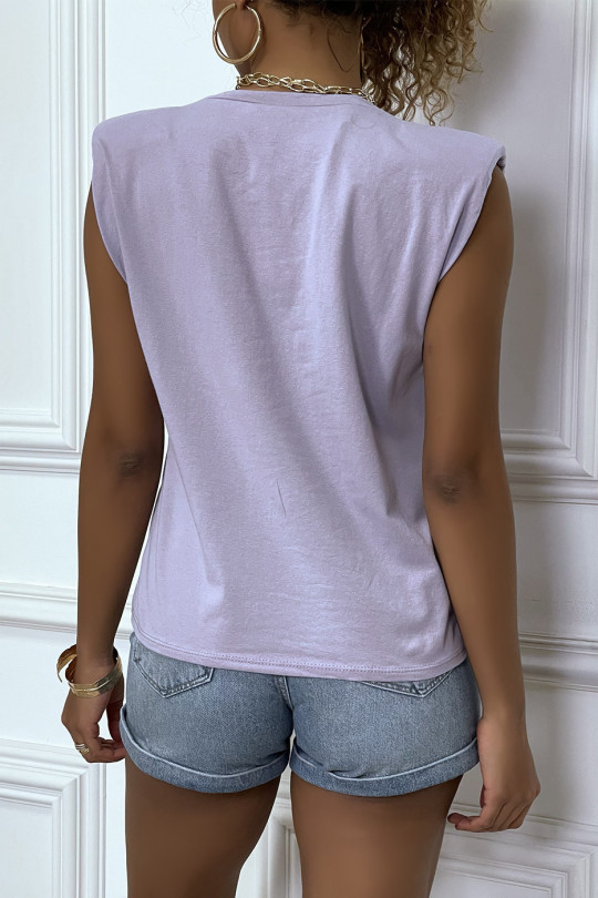Lila t-shirt met schoudervullingen met ENJOY opschrift - 6