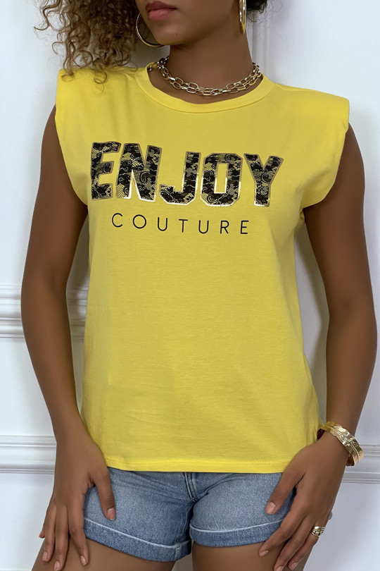 Tee-shirt jaune à épaulettes avec écriture ENJOY - 1
