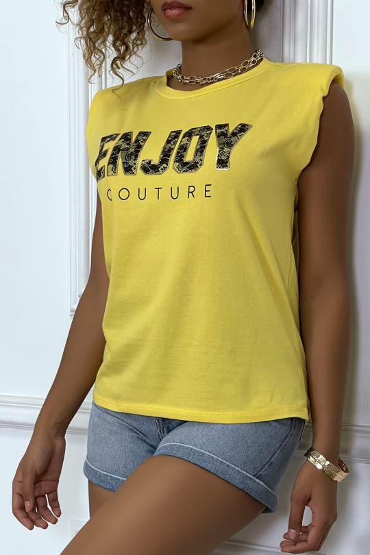 Tee-shirt jaune à épaulettes avec écriture ENJOY - 2