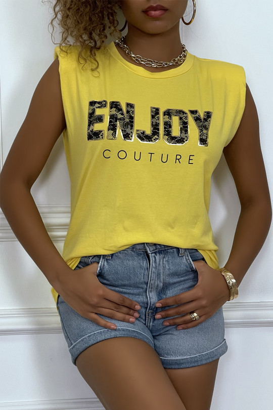 Tee-shirt jaune à épaulettes avec écriture ENJOY - 3