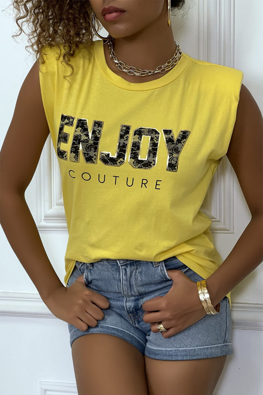 Tee-shirt jaune à épaulettes avec écriture ENJOY - 5