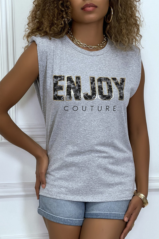 Gray t-shirt with shoulder pads with ENJOY writing - 1