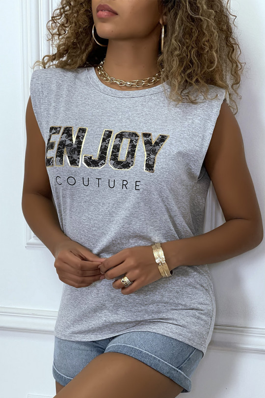 Gray t-shirt with shoulder pads with ENJOY writing - 2