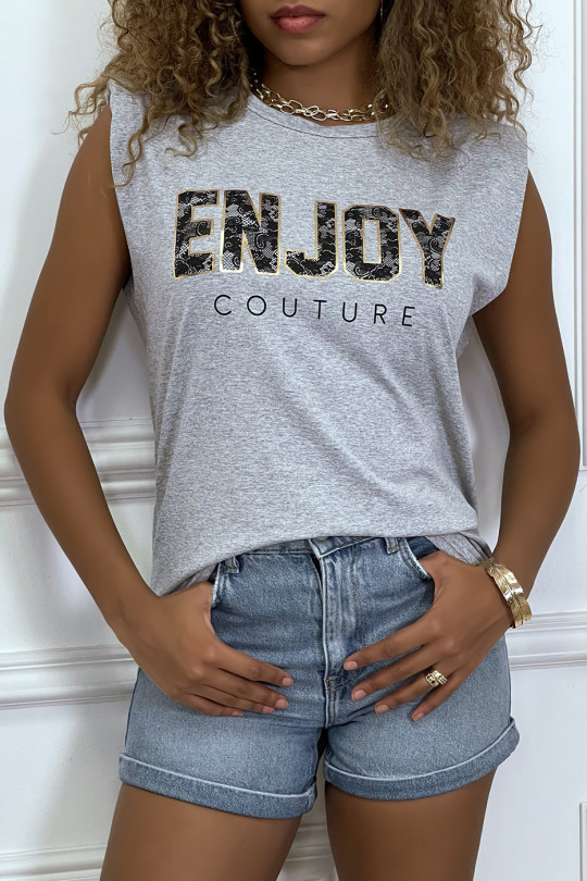 Gray t-shirt with shoulder pads with ENJOY writing - 3
