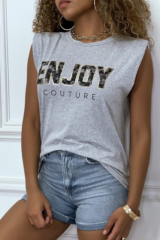 Gray t-shirt with shoulder pads with ENJOY writing - 4
