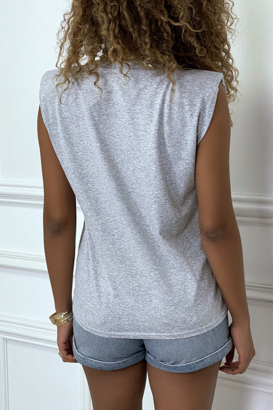 Gray t-shirt with shoulder pads with ENJOY writing - 6